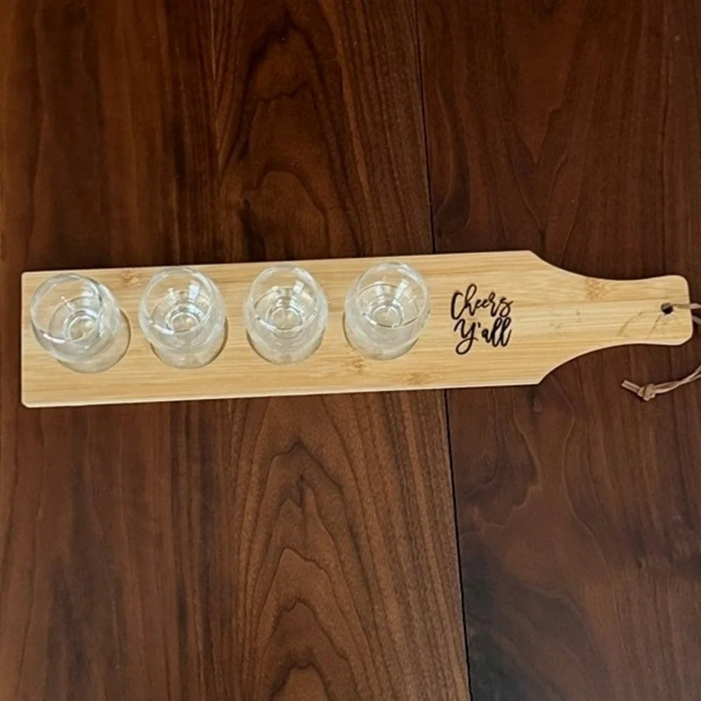 Bamboo Whiskey Beer Flight Board Paddle Set 4 Snifter Glasses Cheers Y'all